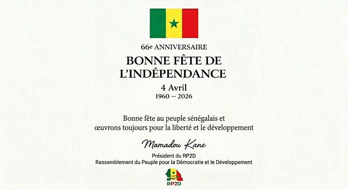 Ibnbarakane's tweet photo. Bonne fête de l’indépendance à notre peuple sénégalais.
#Idépendance #Sénégal #RP2D https://t.co/zgz7OvrXEo