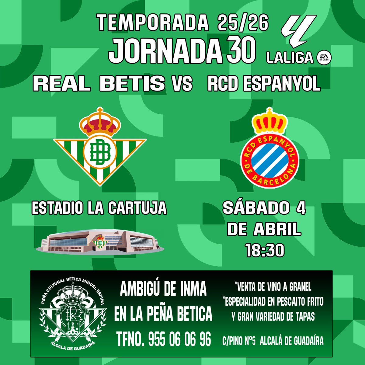 pcbeticamespina's tweet photo. Día de Betis 💚⚽️
Disfrute del partido y de un magnífico ambiente en tu Peña 

Seas socio o no aquí tienes tu casa
Peña Cultura Bética Miguel Espina
ven y vive el fútbol en la mejor compañía 🥰

Calle pino Nº 5 , Alcalá de Guadaíra, Sevilla https://t.co/jKRdBeA5AY