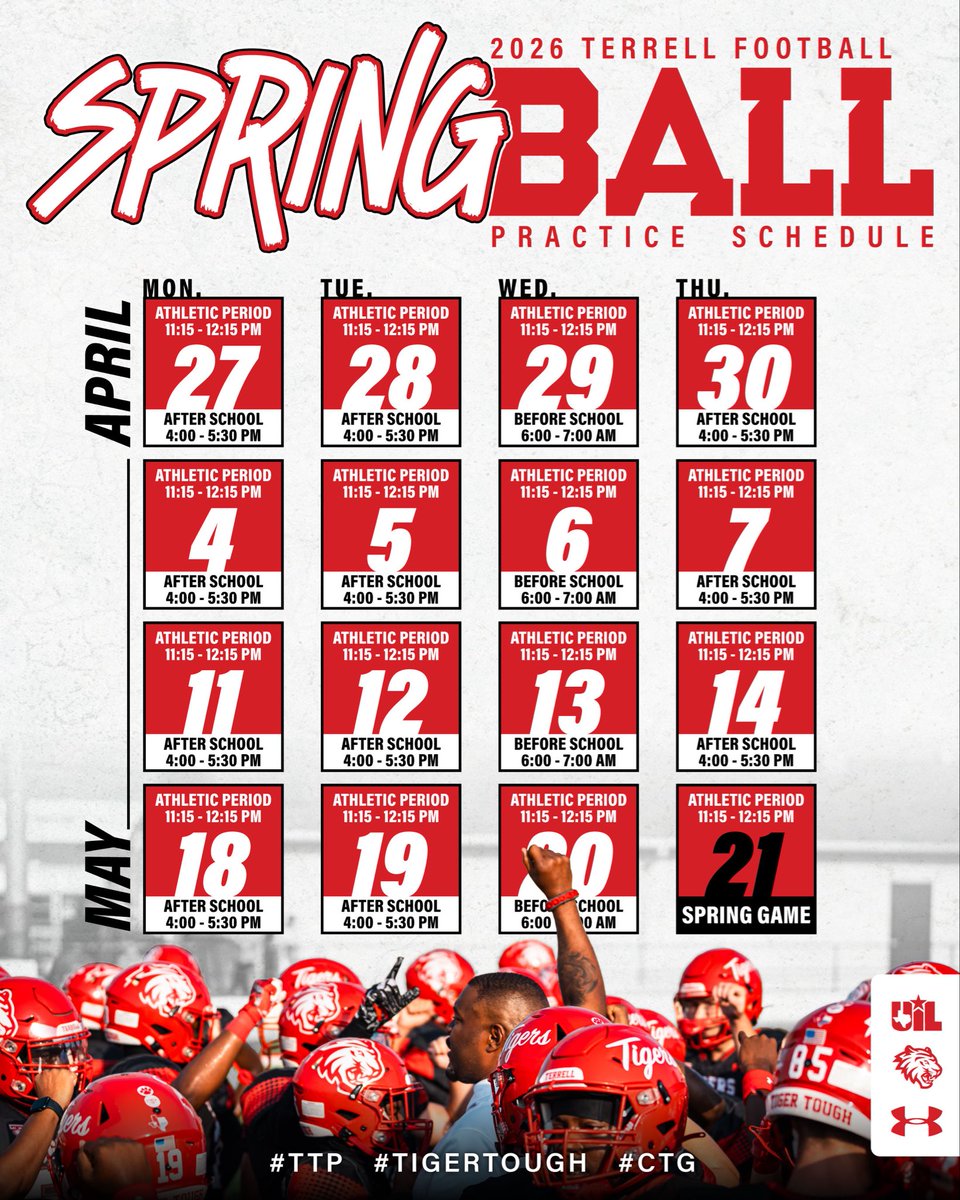 TerrellTigerFB's tweet photo. Spring Ball 🏈 Schedule!
#TigerTOUGH🐅
#ba🐅
#TTP https://t.co/jXyWBAz991
