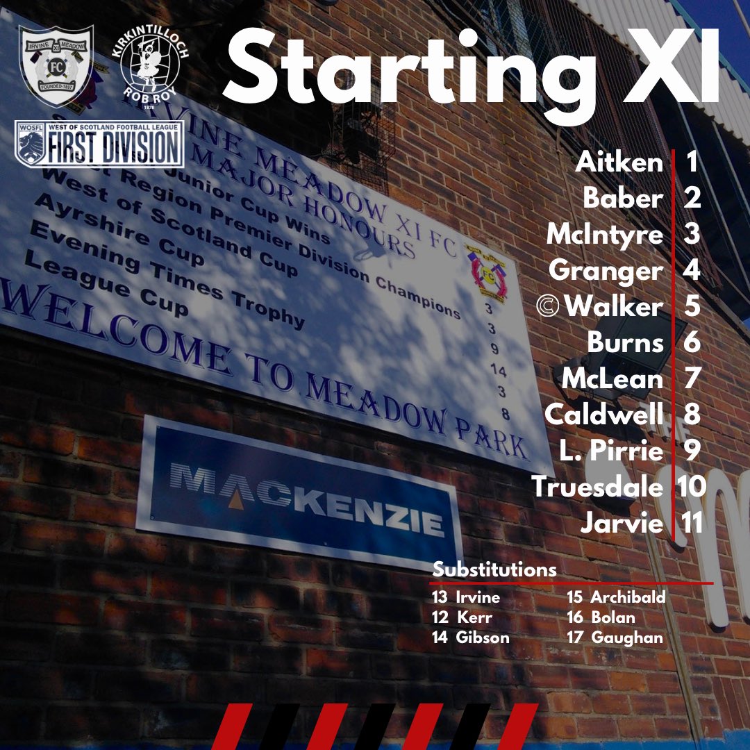 KirkyRobRoyFC's tweet photo. The XI to start at Medda Park.

- Baber replaces the suspended Jordan Allan.
- Walker moves to centre half.
- Jarvie comes in for Gallagher who’s unavailable.
- Craig Kerr returns on the bench.
- Jordan Pirrie serves his second match suspension.

#MonTheRoy #RobRoyAway https://t.co/DQTw6Po5Wf