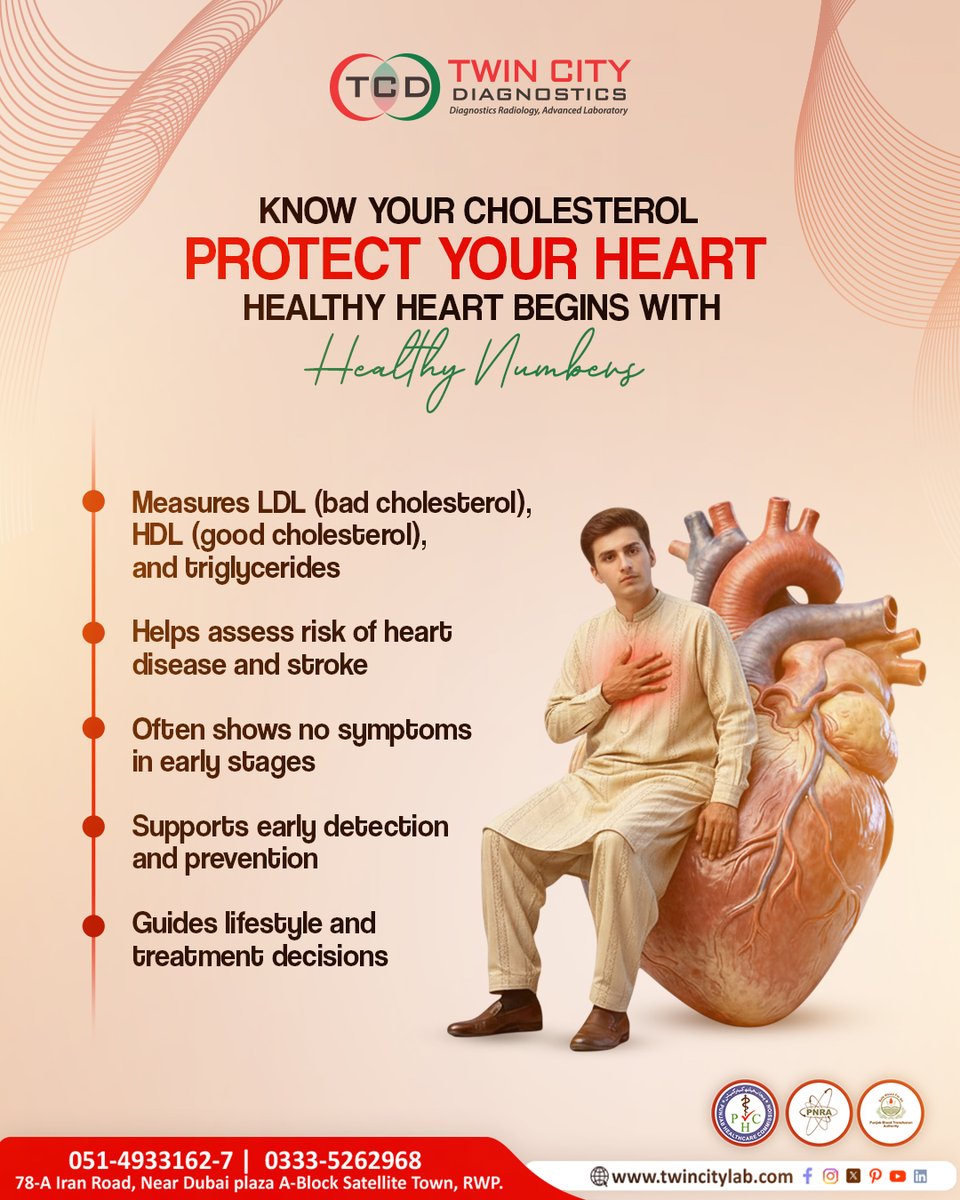 TCDRwp's tweet image. Know your cholesterol, protect your heart
Healthy heart begins with healthy numbers

📱 +92 333 5262968
🌍 twincitylab.com

#CholesterolTest #LipidProfile #HeartHealth #HealthAwareness #PreventiveCare #HealthyHeart #MedicalTest #BloodTest #WellnessJourney #StayHealthy