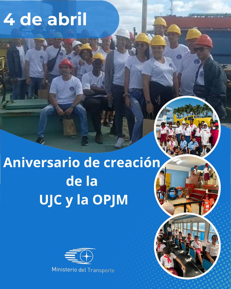 Este #4DeAbril celebramos los Aniversarios 65 de la <a href="/OPJMCuba/">OPJM Cuba</a> y 64 de la <a href="/UJCdeCuba/">UJC de Cuba</a>. Llegue desde el <a href="/MitransCuba/">Ministerio del Transporte de Cuba</a> nuestras felicitaciones a la juventud cubana que ha sido siempre protagonista en todas las batallas que libra nuestro pueblo 🇨🇺. #CubaEstáFirme