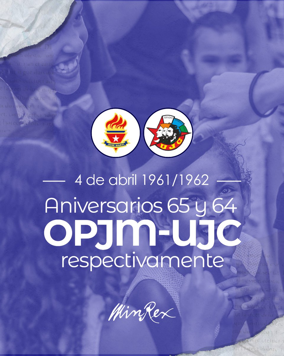 🇨🇺 Nous félicitons les membres de l'<a href="/OPJMCuba/">OPJM Cuba</a> et de l'<a href="/UJCdeCuba/">UJC de Cuba</a> à l'occasion des 65e et 64e anniversaires respectifs de la fondation de leurs organisations respectives.