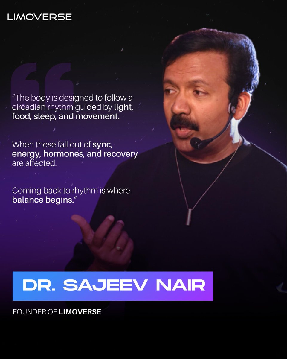 Modern routines often drift away from how the body is designed to function. 

As our founder, <a href="/iamsajeev/">Dr. Sajeev Nair</a> highlights, when light, sleep, nutrition, and movement fall out of sync, energy, recovery, and balance suffer.

Coming back to rhythm is where better performance begins!✨