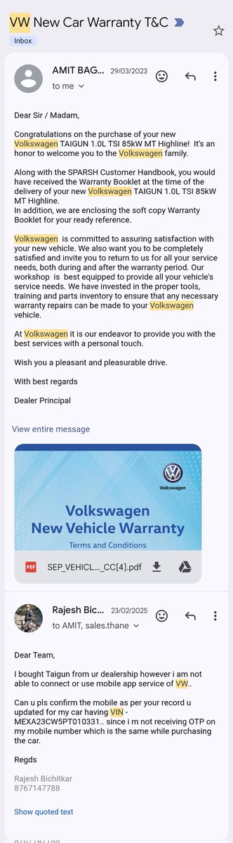 RajeshBichitkar's tweet photo. @volkswagenindia I bought Taigun in the year 2023 from VW dealer Mody Auto Corp Thane. Since dealer mentioned the wrong contact number against my car VIN, I am not able to use My VW app till now. Unfortunately the level of customer care goes below the expected standard. https://t.co/jfJyyR6puD