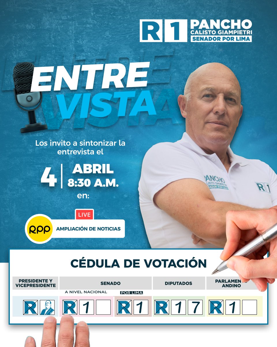 CalistoGiampiet's tweet image. #Entrevista | Hoy, a las 8:30 a. m. estaré en RPP Noticias hablando sobre los últimos acontecimientos y detallando nuestras propuestas para recuperar la seguridad y el principio de autoridad en nuestro país. ¡No te la pierdas! 🎙️

¡Es momento de elegir con convicción y valores!