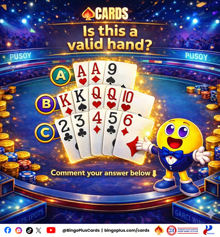 BingoplusCards's tweet image. Think you got it? 🤔
Is this hand VALID or INVALID?
Drop your answer below 👇
Let’s see who really knows their game 

#BingoPlusCards #Pusoy #Tongits