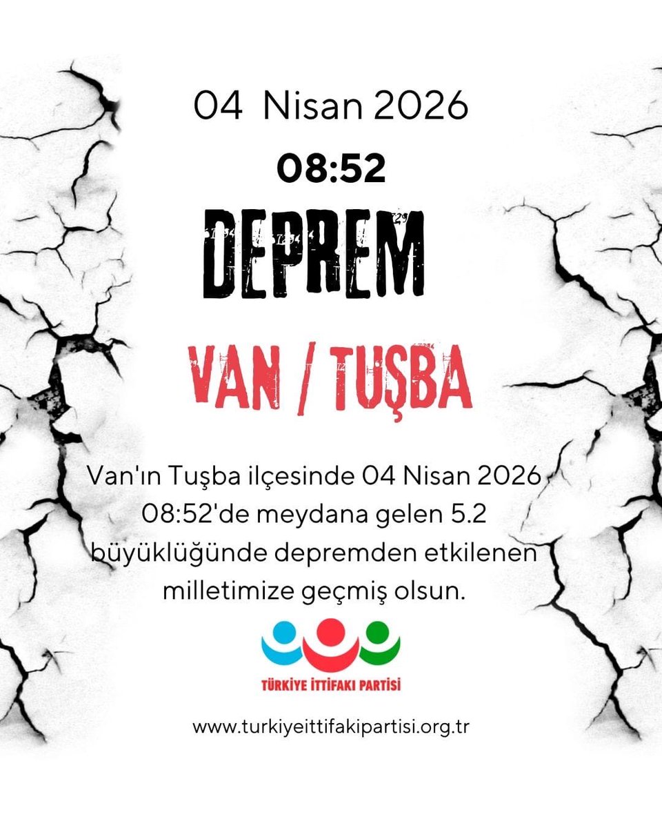 IttifakPartisi's tweet photo. MİLLETİMİZE GEÇMİŞ OLSUN
VAN TUŞBA DEPREMİ

AFAD tarafından paylaşılan verilere göre;

04 Nisan 2026 tarihinde saat 08.52’de, merkez üssü Van ilimizin Tuşba ilçesinde, 5.2 büyüklüğünde, 7 kilometre derinlikte deprem meydana geldiği ve çevre illerde de  hissedildiği bildirilmiştir.

Türkiye İttifakı Partisi olarak; depremden etkilenen tüm vatandaşlarımıza geçmiş olsun dileklerimizi iletiyor, devletimizin ilgili kurumlarının sahadaki çalışmalarını yakından takip ettiğimizi kamuoyunun bilgisine sunuyoruz. Aziz milletimizin her koşulda birlik, beraberlik ve dayanışma ruhuyla bu tür afetlerin üstesinden geleceğine olan inancımız tamdır.

Bu vesileyle bir kez daha hatırlatıyoruz: Afet Bakanlığı elzemdir.

Afetlere karşı önleyici, hazırlıklı ve bütüncül bir devlet yapılanması hayati önemdedir.

Yüce Allah’tan; milletimizi her türlü afet ve felaketten muhafaza etmesini niyaz ediyoruz.

Türkiye İttifakı Partisi
