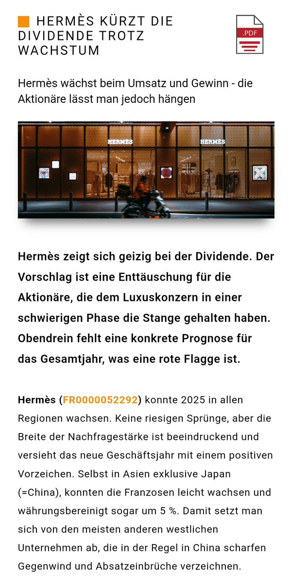 CKTH85's tweet image. #Luxus
Auch das gehört dazu.
Trotz solider Zahlen kürzt #Hermès vermutlich auch im Hinblick auf die zu erwartende, spürbare Abschwächung des Wachstums die #Dividende deutlich um gut 30% von 26,00 € (2024) auf 18,00 (2025).
Bei #LVMH stagniert die Dividende seit geraumer Zeit.