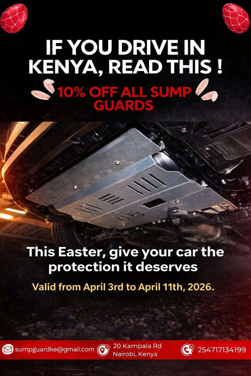 SumpGuardCenter's tweet photo. Kenyan roads can be unpredictable and one bad bump can cost you  a lot of money.
Don’t wait for damage.
🔧 Get 10% OFF all sump guards this Easter weekend
📅 Valid from April 3rd, 2026 - April 11th ,2026
📲 Call or WhatsApp us today 

#EasterDeals #NairobiDrivers #SumpGuardke https://t.co/mxuEQdHGQf