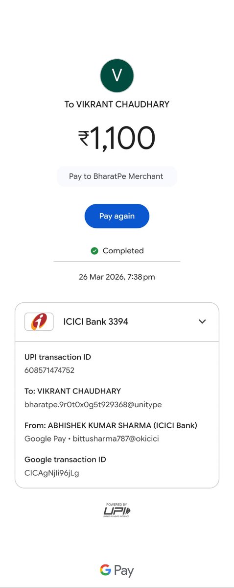cvikrant560's tweet photo. Dont use @bharatpeindia , inka barcode ise karna band dena chahie koi support nahi h inki taraf se, 26 march ko 1100 ka payment ek customer ne kara tha mere account mai nahi aya ab tak. Screenshot share kar rha hu, pehle b asa ho chuka hai but har customer se SS nahi le sakte. https://t.co/xPNs0NgRjO