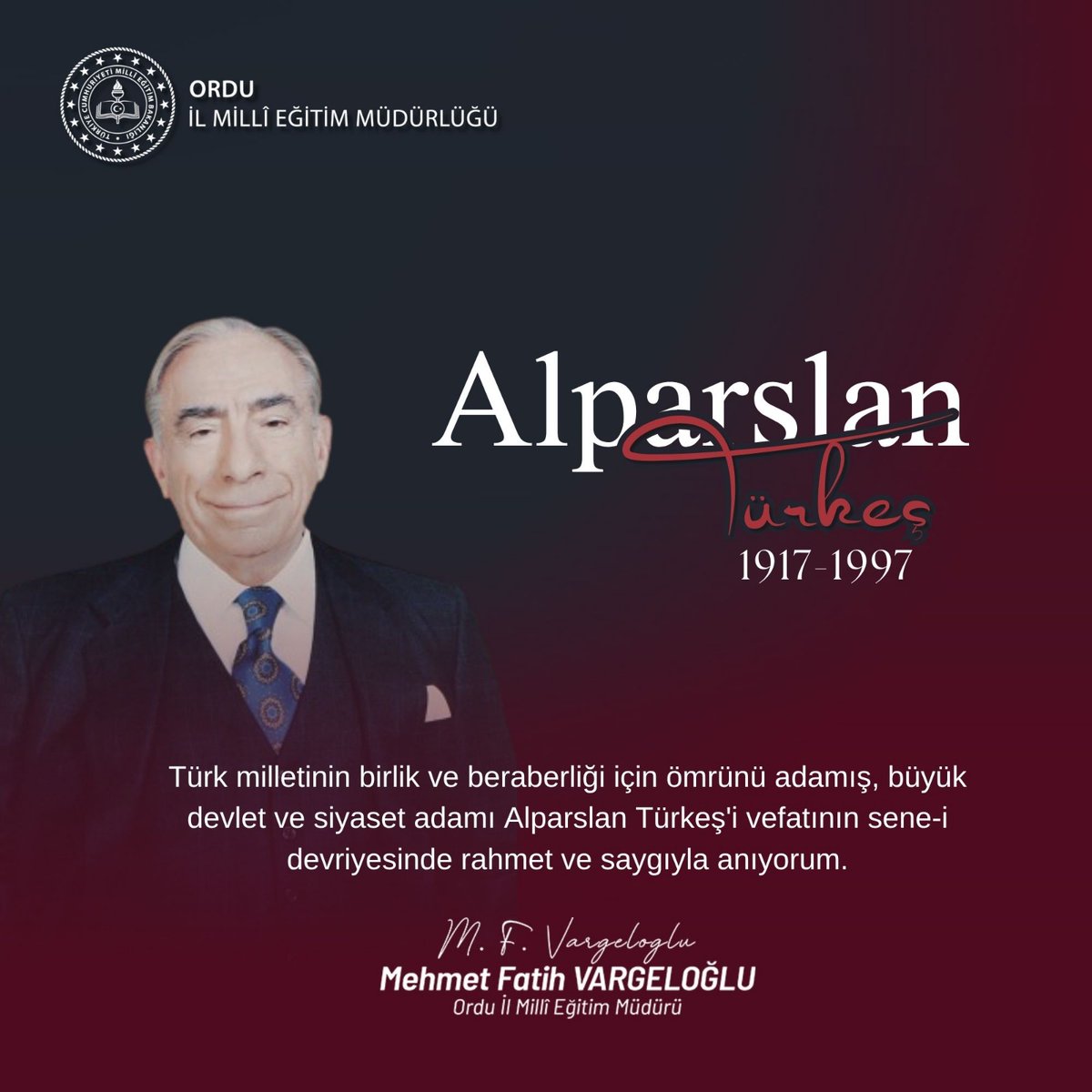 Ordu_MEM's tweet photo. Merhum Alparslan Türkeş’i vefatının yıl dönümünde saygı ve rahmetle anıyoruz.

#eğitimkentiORDU 
#Ordu 

@tcmeb @Yusuf__Tekin @TCOrduValiligi @mhilmiguler @mfvargeloglu https://t.co/YG3vA2wZA1
