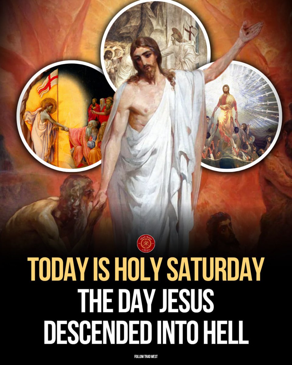 trad_west_'s tweet image. Today we remember Holy Saturday.

The Descent of Christ into Hell to announce to the Just the tiding of their redemption.
His body lay silently in the tomb, guarded by soldiers, while His spirit descended into Hades (the realm of the dead).

There, He preached to the imprisoned