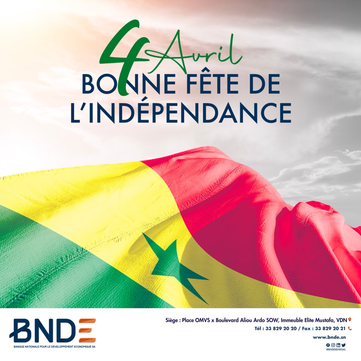 BNDESENEGAL's tweet photo. 🇸🇳 04 Avril – Fiers de notre histoire, unis pour l’avenir !
La BNDE réaffirme son engagement aux côtés des Sénégalais pour soutenir la croissance et les ambitions du pays.
Bonne fête de l’indépendance à toutes et à tous ! 🇸🇳✨
#BNDE #Indépendance #Sénégal https://t.co/Is4QCuCCR7