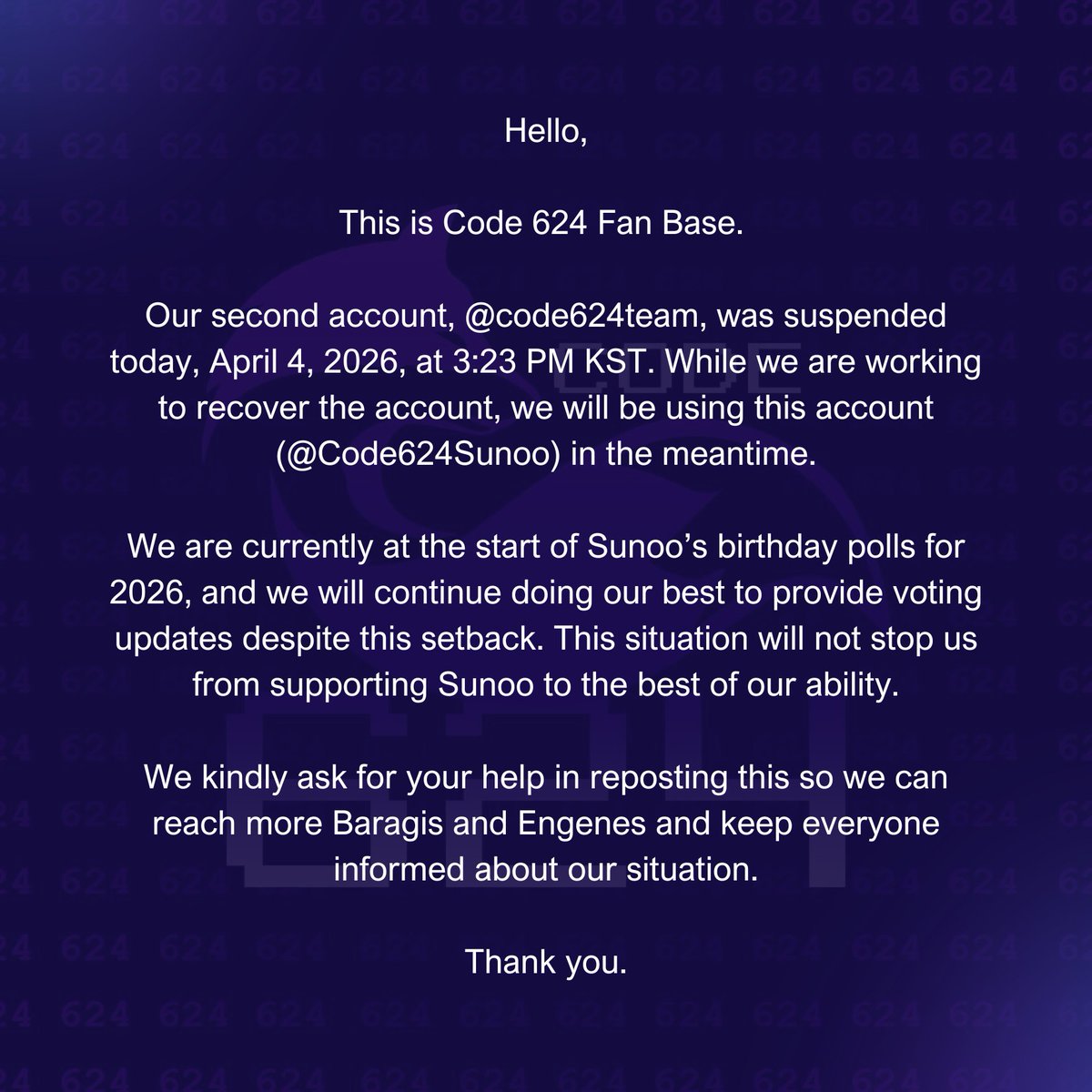 CODE 624 FAN BASE tweet media