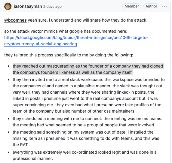 wballaa's tweet image. توليفة قاتلة:
الذكاء الاصطناعي التوليدي يجعل مفعول الهندسة الاجتماعية أكثر فتكا كما حدث في حادثة Axios التي تعد من أسوأ اختراقات سلسلة إمدادات البرمجيات الحديثة 
#Security #DeepFakes #GenAI #SupplyChains #UX #Trends