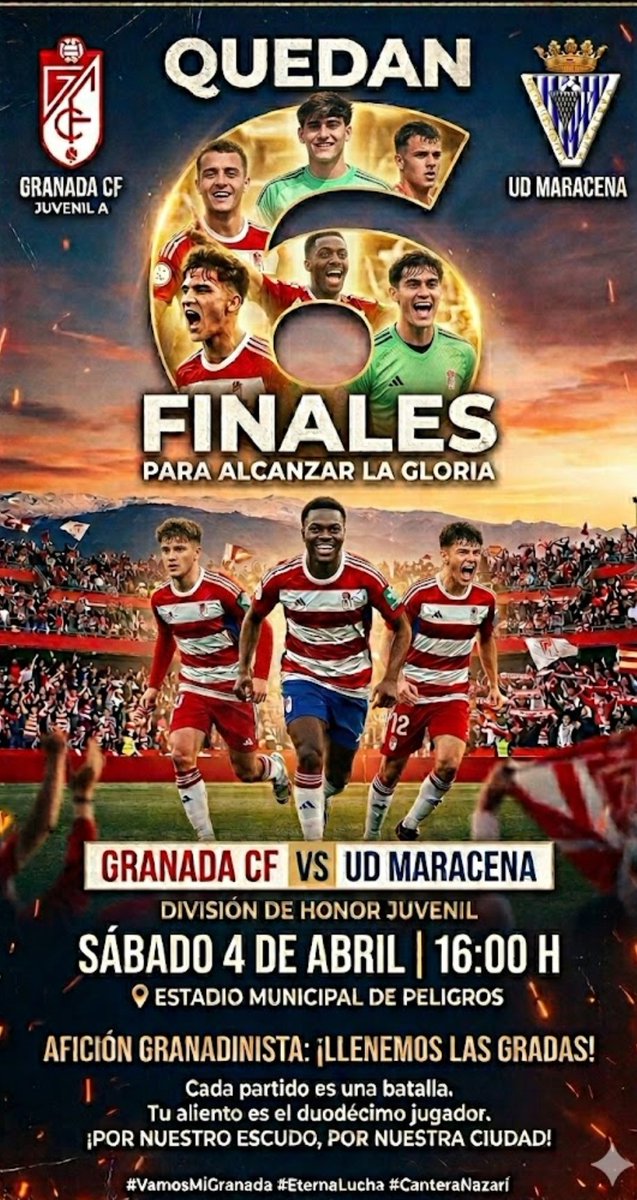 Estaestugrada__'s tweet photo. 📣LIGA JUVENIL DH|| DERBI .@CanteraNazari
Granada CF ✅ UD Maracena
El equipo nazarí juega una de sus 6 finales para intentar conseguir el 1er título liguero de su historia y ni una mención en las redes sociales del club para animar a la afición a asistir al encuentro.
Expectante por ver la convocatoria puesto que el Recreativo juega 2 horas después .
