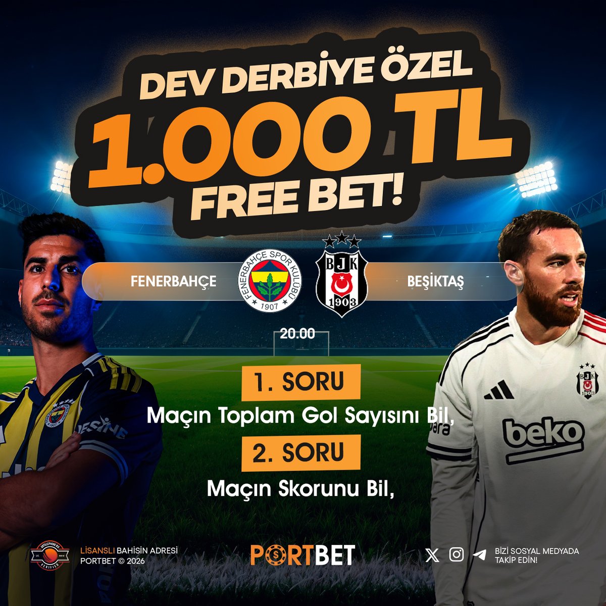 portx26's tweet photo. Fenerbahçe vs Beşiktaş Derbisine Özel 1.000 TL Free Bet Hediye!

⚽️ Toplam Gol Sayısı ➡️ 500 TL
🔥 Maçın Skoru ➡️1.000 TL 

👑 İlk soruyu bilirsen 500, ikisini de bilirsen 1.000 TL büyük ödül Portbet'ten!

➡️ Katılım İçin: https://t.co/cAKya4KvuM https://t.co/512r5hookU