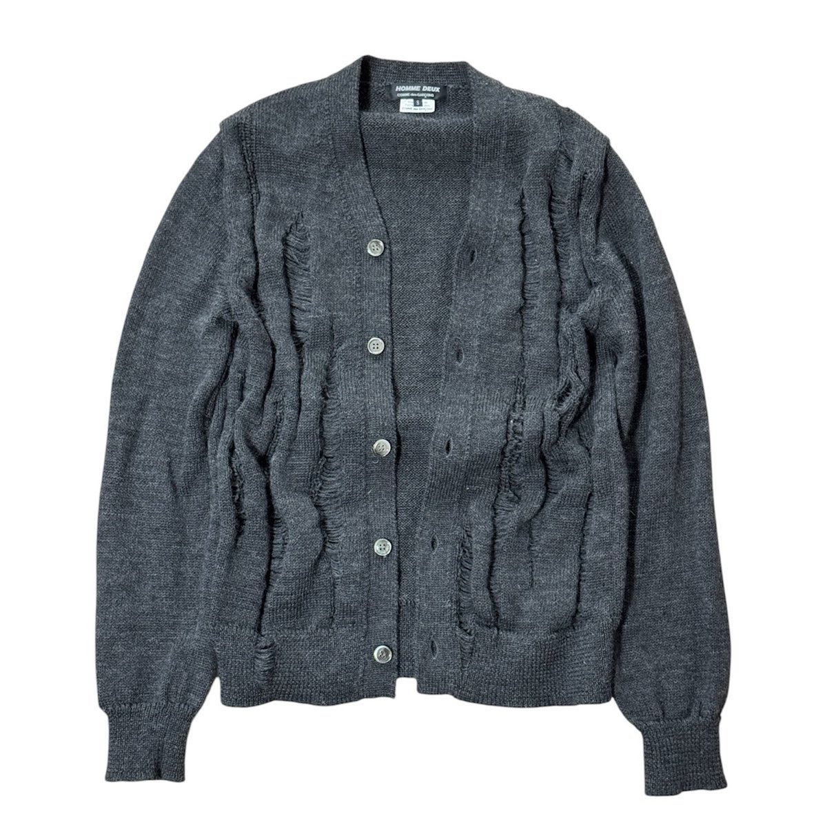 990style's tweet photo. 18AW COMME des GARCONS HOMME DEUX Distressed wool cardigan https://t.co/ans0XeLxJA