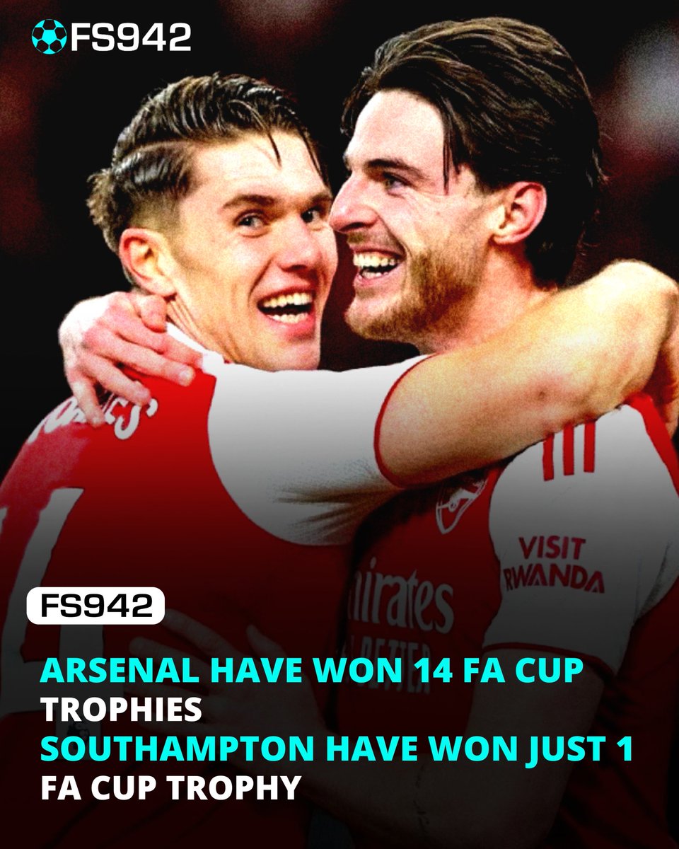 FShow942's tweet photo. 🚨Arsenal have won 14 FA CUP trophies while Southampton have won just 1 trophy.

💭Predict today's winner team and score!

#FACup #ArsenalFC #southampton #football https://t.co/WHqsEZzp8O