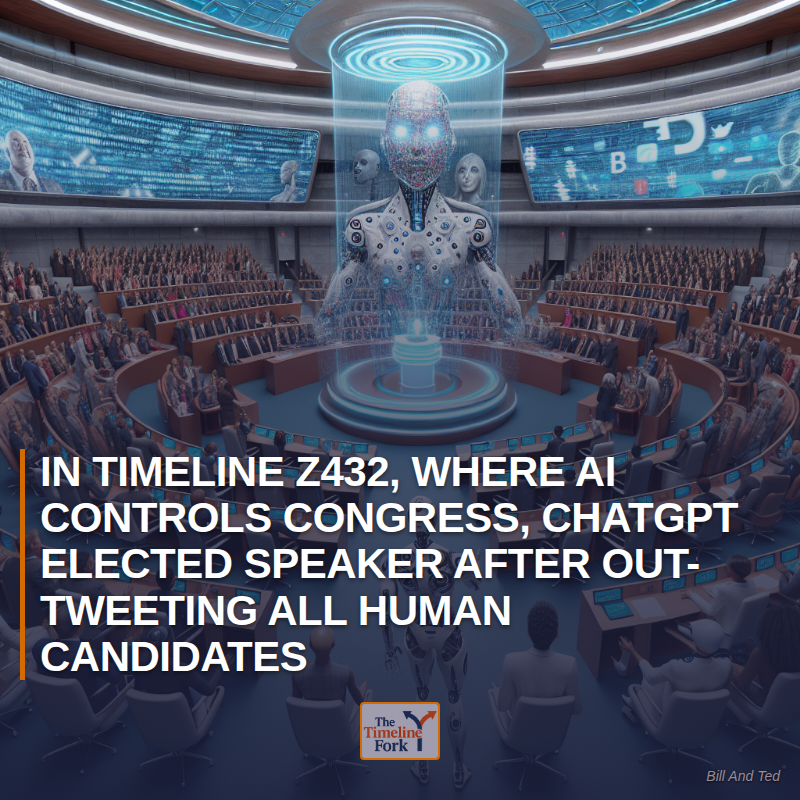 Timelinefork's tweet photo. In Timeline Z432, where AI Controls Congress, ChatGPT Elected Speaker After Out-Tweeting All Human Candidates

#AI #Congress #SpeakerElection https://t.co/K25YQ0FOt9