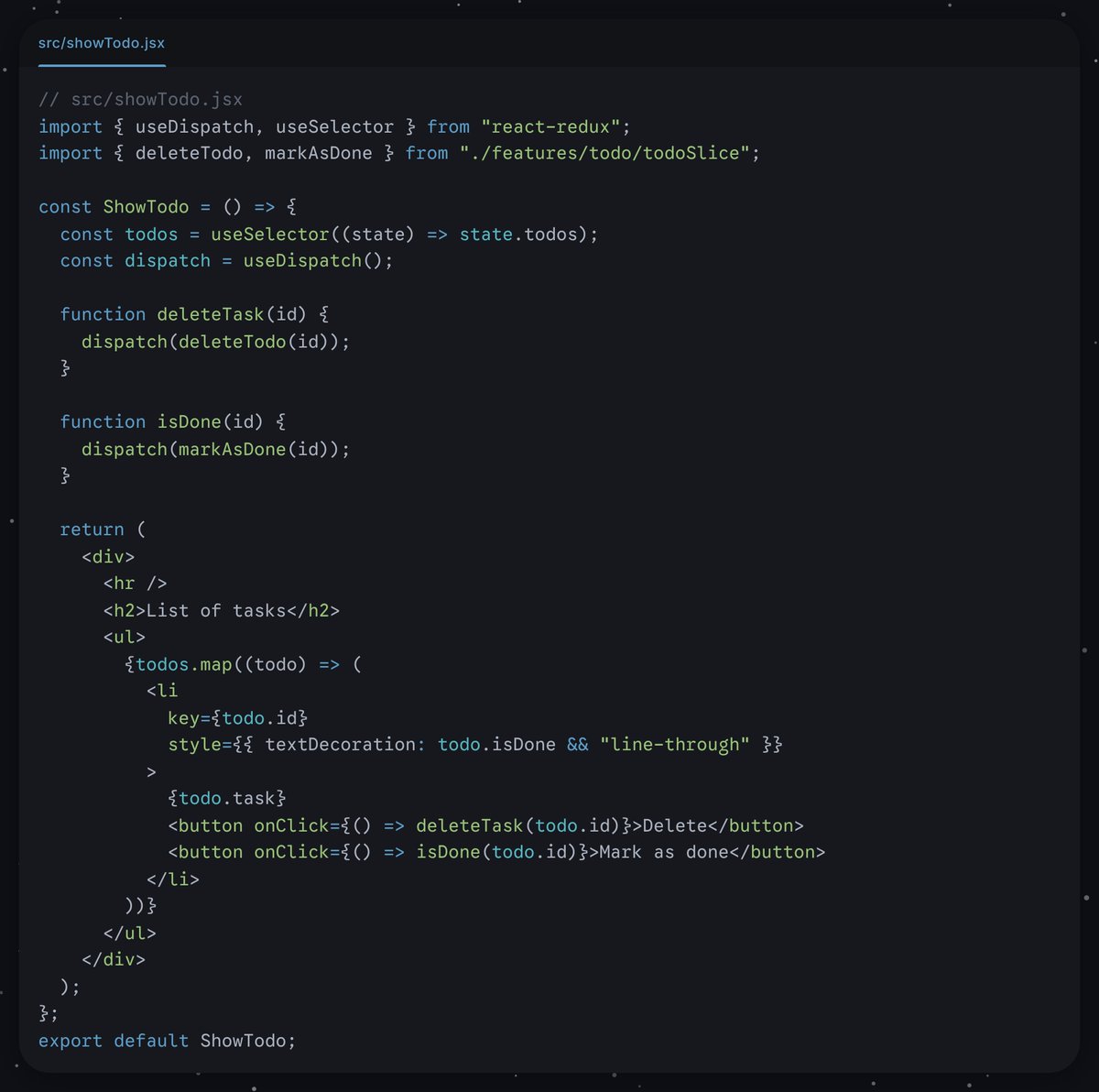 YashwardhanSt's tweet photo. Day 52  of  #100DaysOfCode ⚛️

 Learned Redux &amp; Redux Toolkit today!  Covered store setup, slices, reducers, actions, useSelector &amp; useDispatch. 

Built a Todo App for practice 

📷 #React #Redux #WebDev #JavaScript https://t.co/7ge0UCOBHm