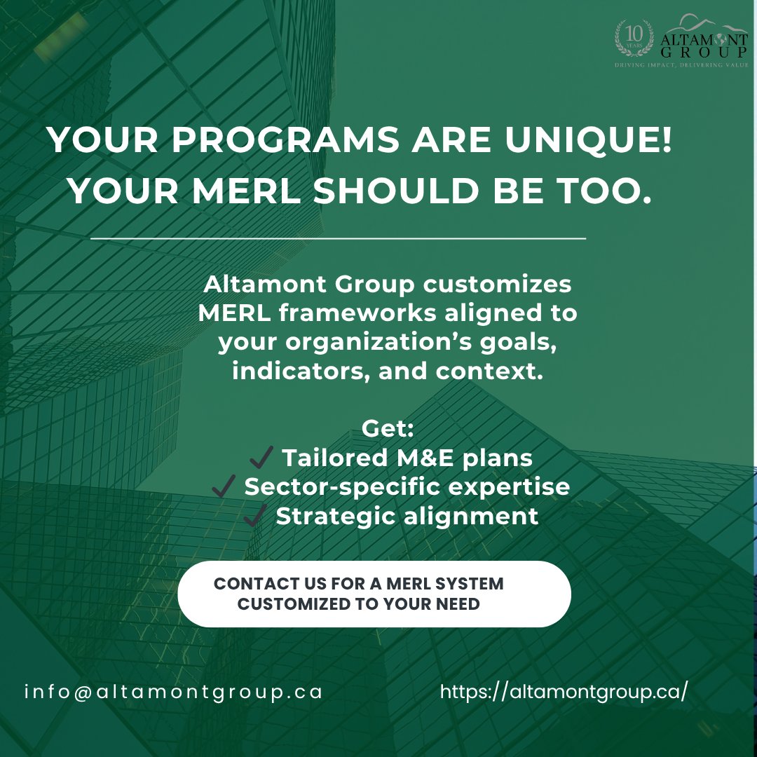 No two programs are the same — so why use a one-size-fits-all MERL approach?
 
Altamont Group designs tailored MERL frameworks that align with:
• Your strategic goals
• Your indicators and outcomes
• Your operational context
 
We help you move from generic reporting →