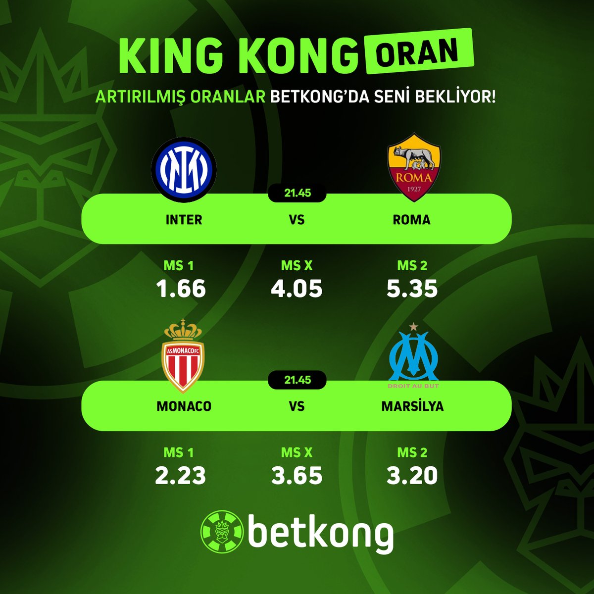 kongresmi's tweet photo. 🇮🇹🇫🇷 İtalya ve Fransa'da Devlerin Savaşı!

🆚 Bugün her ligde büyük maçlar seninle!

🎉 Pazar akşamında futbol sahnesine adım at, King Kong oranlarıyla kazancını katla!

🔗 BetKong Giriş: https://t.co/7YAJbQsCGi https://t.co/RL26KQG26e