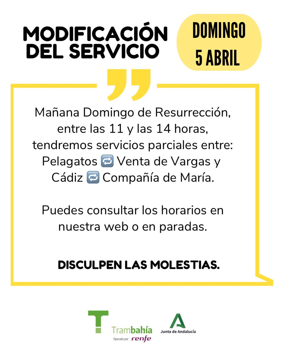 Trambahia's tweet photo. ✝️ Mañana Domingo de Resurrección entre las 11 y las 14 horas, tendremos servicios parciales entre Pelagatos  🔁 Venta de Vargas y Cádiz 🔁 Compañía de María.
Consulta horarios antes de iniciar viaje  ℹ️ https://t.co/40xWgUbc9B https://t.co/v06V2cNAcB