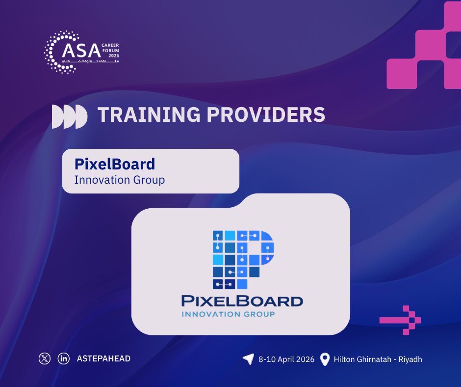 AStepAhead_KSA's tweet photo. هل تطمح لتطوير مهاراتك مع نخبة الخبراء؟

يسعدنا الترحيب بـ PixelBoard Innovation Group | @PixelBoardGroup إحدى الجهات التدريبية الرائدة المشاركة في #ملتقى_خطوة_المهني. استعدوا لاستكشاف برامج وخدمات تدريبية نوعية، وورش عمل تفاعلية صُممت خصيصاً لتحدث فارقاً ملموساً في مسيرتكم المهنية.

المعرفة الحقيقية تبدأ بالممارسة.. بادروا بالحضور والتجربة بأنفسكم! 💎

🔗سجّل الآن وابدأ خطوتك نحو تطوير مسارك المهني https://t.co/jrjd7n2RGX

🗓️10-8 أبريل 2026
📍هيلتون غرناطة - الرياض