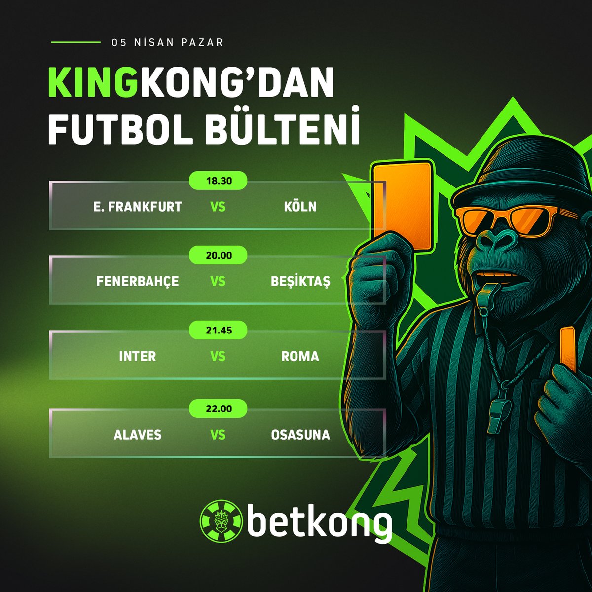 kongresmi's tweet photo. 🚩 Derbi Bülteniyle Kazanç Dolu Pazar Maçları!

✏️ BetKong'da günün maçlarında ayrıcalıklı oranlar seni bekliyor!

⬇️ Derbi akşamında bahis keyfini katlamak için giriş yap!

🔗 BetKong Giriş: https://t.co/7YAJbQtavQ https://t.co/nsaMjl9sd8