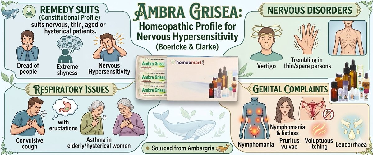 Ambra Grisea suits nervous, thin, aged or hysterical patients with nervous hypersensitivity per Boericke and Clarke's Materia Medica. Top indications: Nervous Disorders, Respiratory Issues, Genital Complaints. rebrand.ly/AmbGri