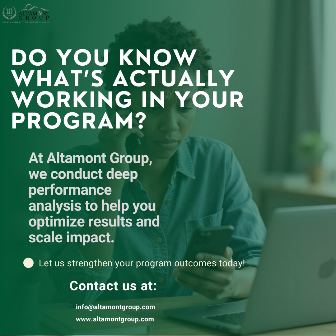 Many programs run successfully on the surface — but lack clarity on what’s truly driving impact.
 
At Altamont Group, we go deeper. We help organizations:
• Analyze current and past performance
• Identify gaps and inefficiencies
• Redesign programs for stronger outcomes