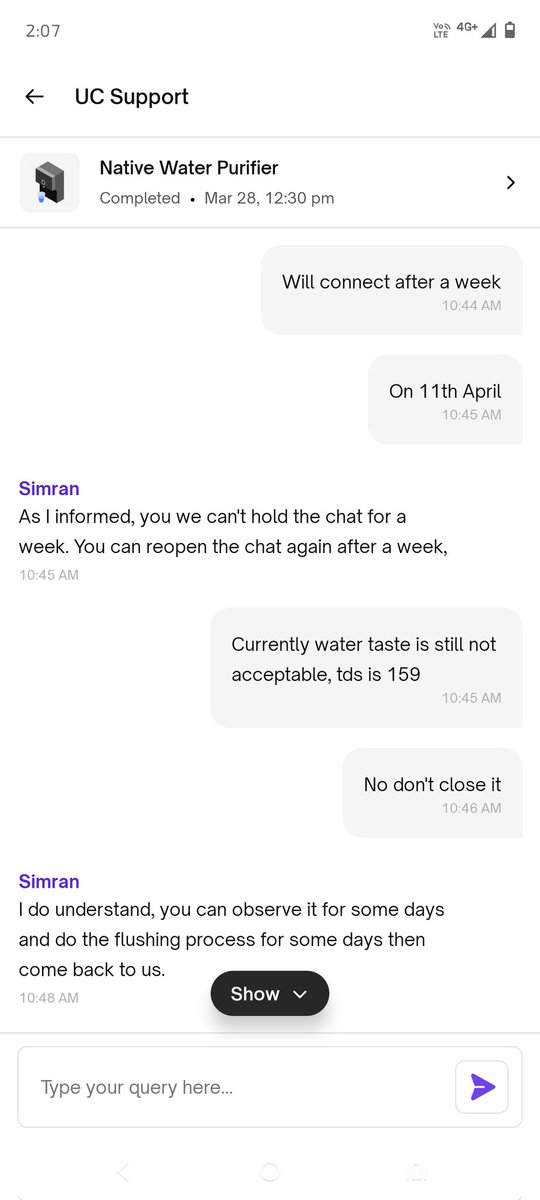 iam_ArvindS's tweet image. My ticket was closed without the issue being resolved why ??? Even after mentioning don't close the ticket u have close it !!! @UC_Assist @urbancompany_UC #NativeRo #Native #WaterPurifier #Water #Urban