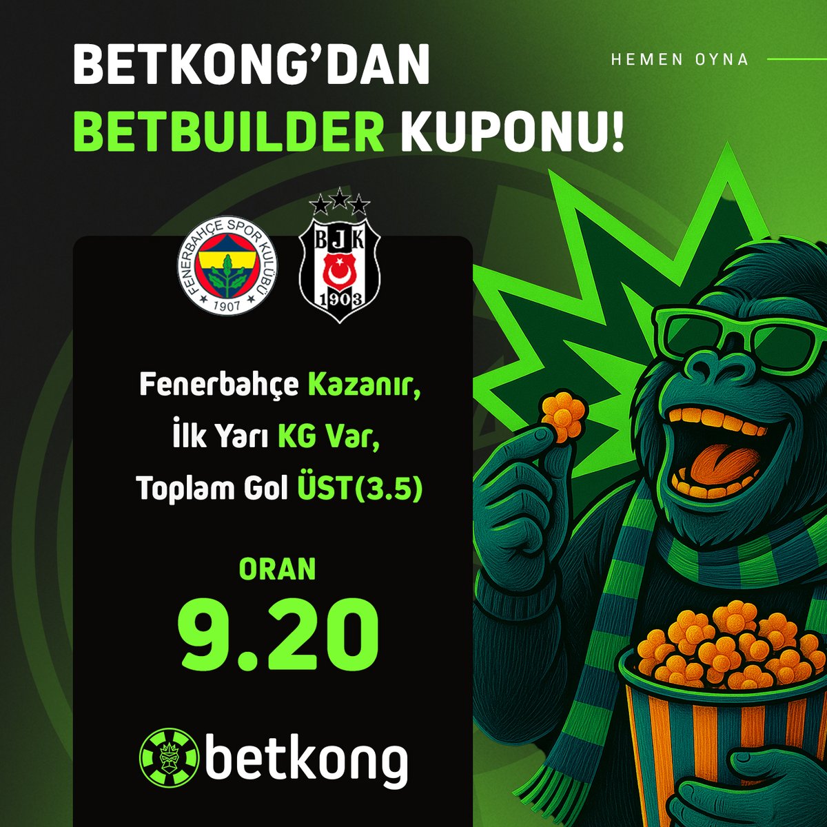 kongresmi's tweet photo. 🏅 Derbiye 1.000 TL Bahis Al, 9.200 TL Kazan!

🇹🇷 Fenerbahçe vs Beşiktaş maçında birbirinden kazançlı kuponlar BetKong'da!

📣 Maç sayfasında ayrıcalıklı kuponlar seni bekliyor!

🔗 BetKong Giriş: https://t.co/7YAJbQsCGi https://t.co/ESJzgoAf7J