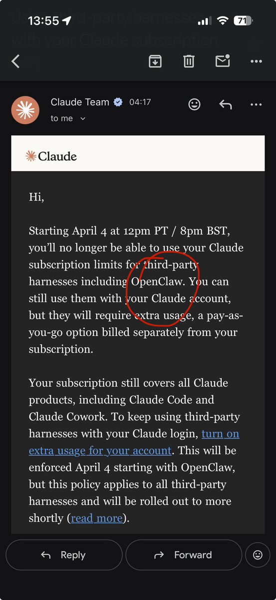 harshtho's tweet photo. Horrible move!! It’s just too early in the agentic space for such restrictions. 

Subscription cancelled!!

And to make it worse 5.4 on my openclaw is just not the same IQ 🫠 https://t.co/DHbjfMyu5A