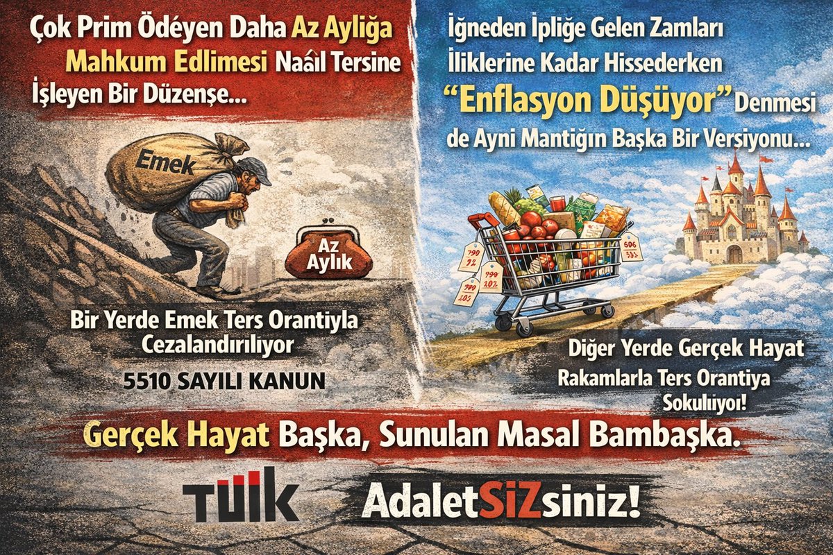 Aylık bağlanma oranlarında (ABO) “çok prim ödeyenin daha az aylığa mahkum edilmesi” nasıl tersine işleyen bir düzense…

İğneden ipliğe gelen zamları iliklerine kadar hissederken “enflasyon düşüyor” denmesi de aynı mantığın başka bir versiyonu.

Bir yerde emek ters orantıyla