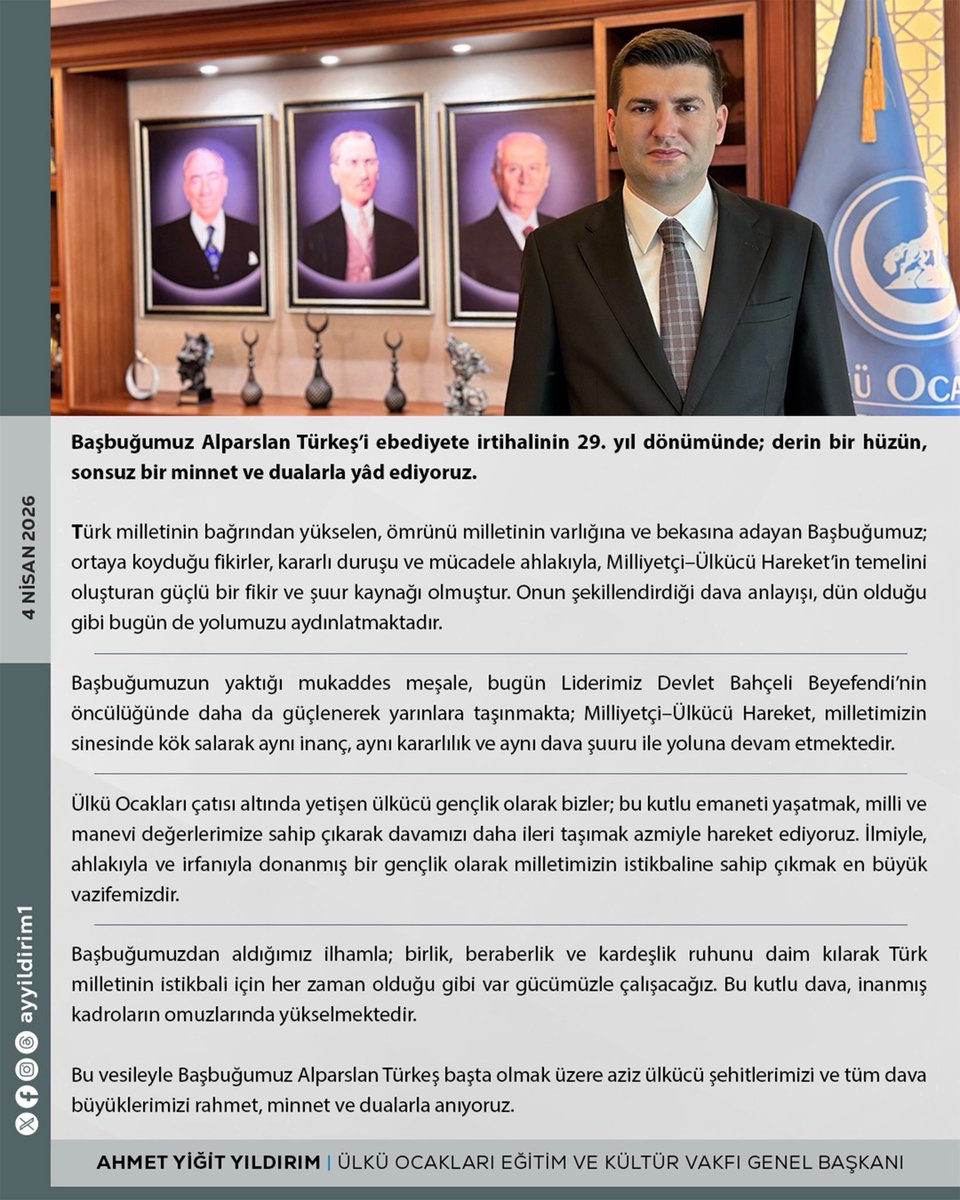 Vefatının 29. yıl dönümünde merhum Başbuğumuz #AlparslanTürkeş’i rahmet, minnet ve dualarla anıyoruz.🇹🇷