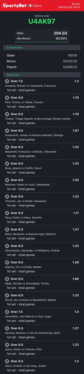 dfwpehlumiiii's tweet photo. Tennis on https://t.co/RhuVmdO7Iy converted to sportybet⤵️

SL32E2 WF1NA7 ZR18U6 U4AK97 K5YX1P 

Follow 4 convert of codes 2 ur preferred bookies! 

Retweet 4 larger audience😤🗣️ https://t.co/gVEVNODoUs
