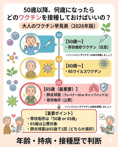 50歳を過ぎたら、
ワクチンは「タイミング」で決まります。

シンプルに👇

【50歳〜】
・帯状疱疹

【60歳〜】
・RSウイルス

【65歳（最重要）】
・肺炎球菌（プレベナー20 or キャップバックス）
・帯状疱疹（公費）

そして大前提👇

👉インフルエンザは毎年

ポイント👇

👉帯状疱疹は「50歳 or