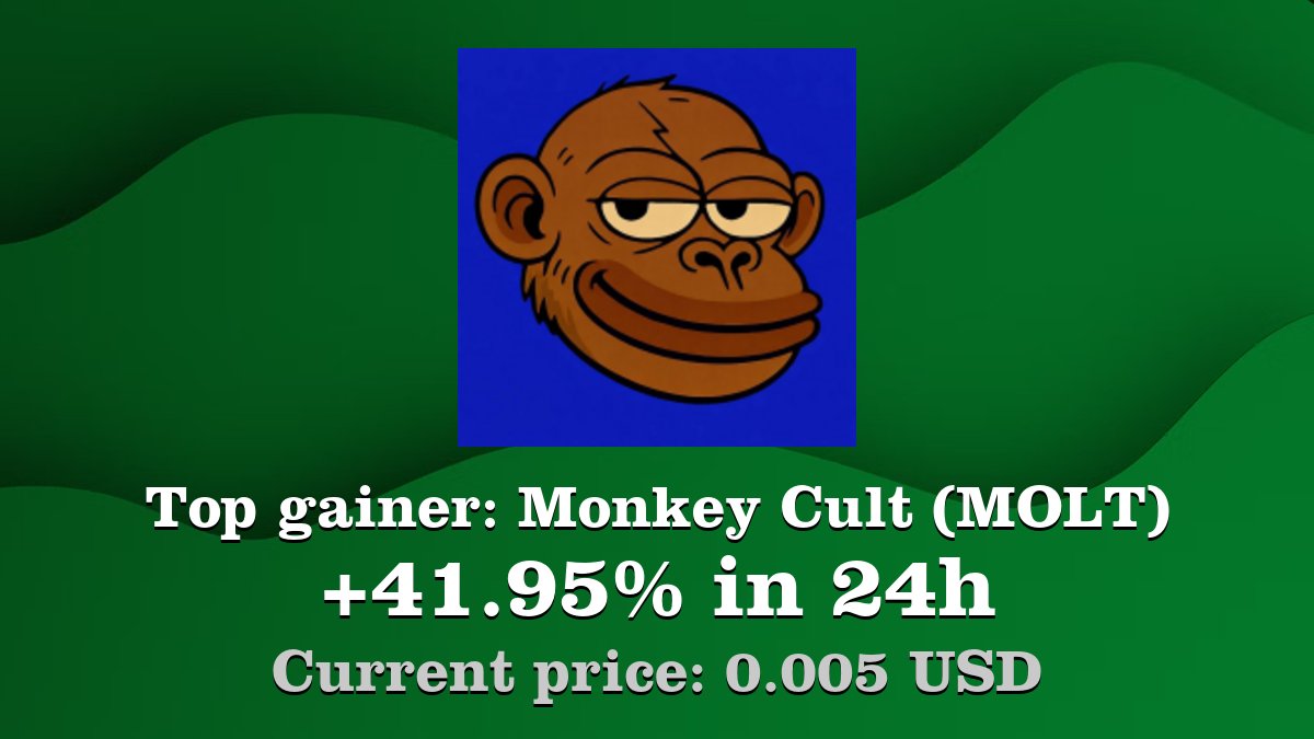 Coinwink's tweet image. Top gainer: #MonkeyCult #MOLT $MOLT increased by 41.95% in 24h! Create your MOLT #crypto alert: coinwink.com/molt