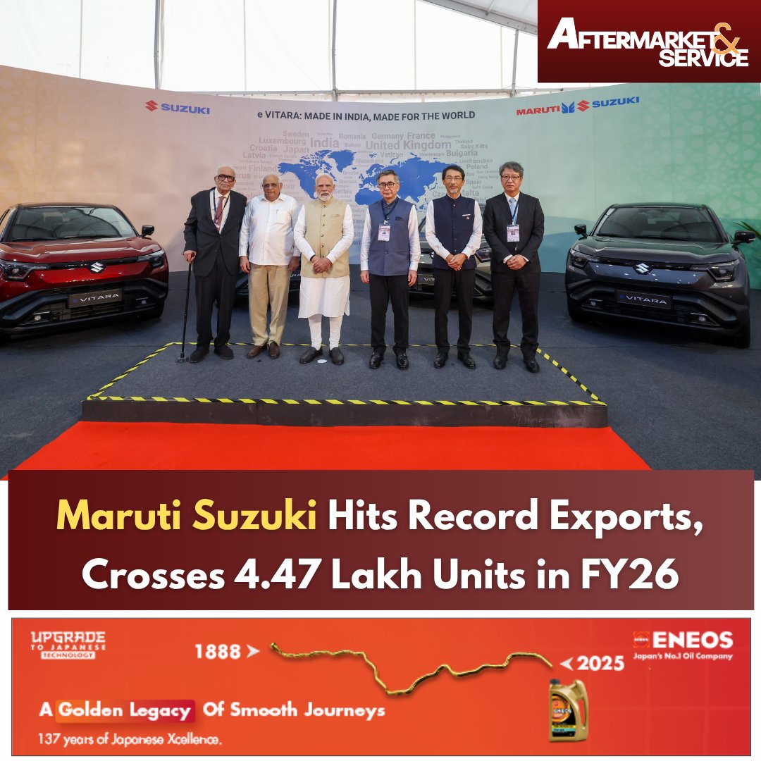 aftermarketweet's tweet image. Maruti Suzuki records its highest-ever exports in FY26 with 4.47 lakh units (+34%), set to remain India’s top passenger vehicle exporter for the 5th year

𝐑𝐞𝐚𝐝 𝐌𝐨𝐫𝐞:  aftermarketandservice.in/maruti-suzuki-…

#MarutiSuzuki #IndianAutomobile #AutoIndustry #CarExports #AutomotiveNews