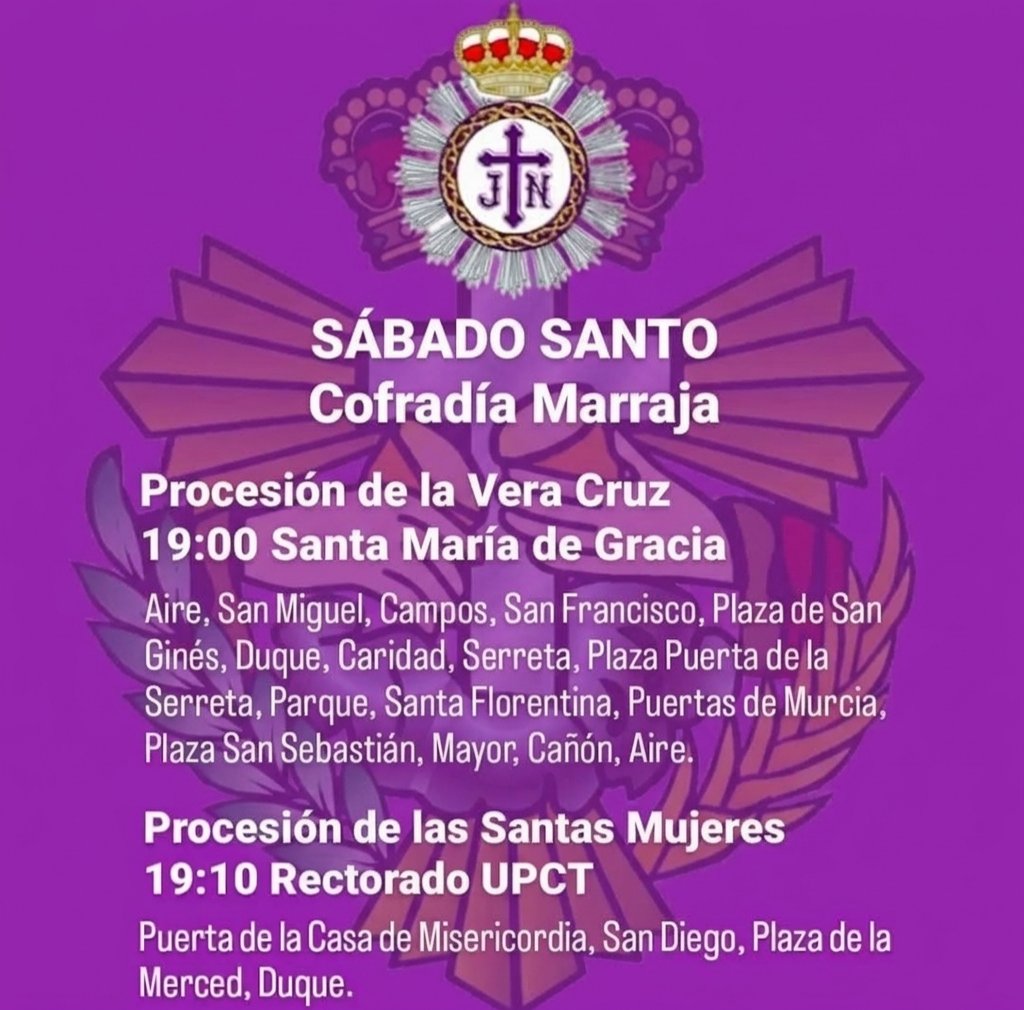 DiscipulosEmaus's tweet photo. SÁBADO SANTO
19:00 Procesión Vera Cruz (Sta María de Gracia): Grupo acompañamiento del Sudario, Granaderos Cadetes, Santo Cáliz, Santo Sudario, Sto Amor San Juan, Vera Cruz, Stma Virgen Soledad de los Pobres, Piquete Granaderos

19:10 Procesión Santas Mujeres (Rectorado UPCT) https://t.co/668v0qx42S