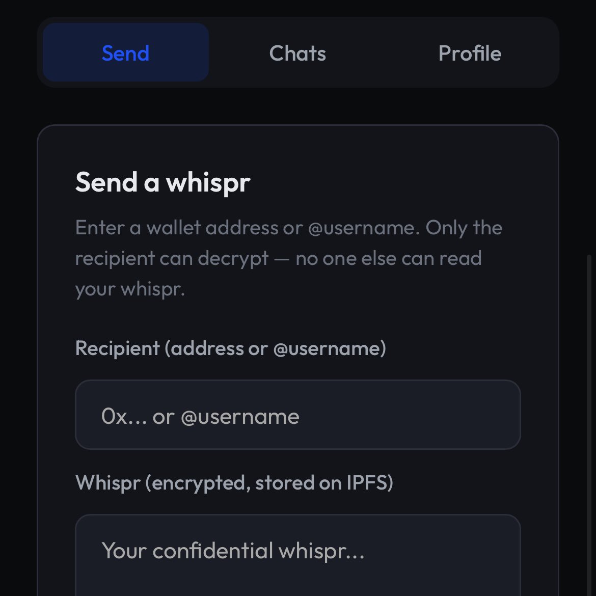 WhisprWs's tweet photo. Sorry for the inactivity — been on vacation.

Back now and building again.

Whispr is still live and available:
https://t.co/cFJ4pp3i9M

More coming soon. https://t.co/g7Shr3Lpat