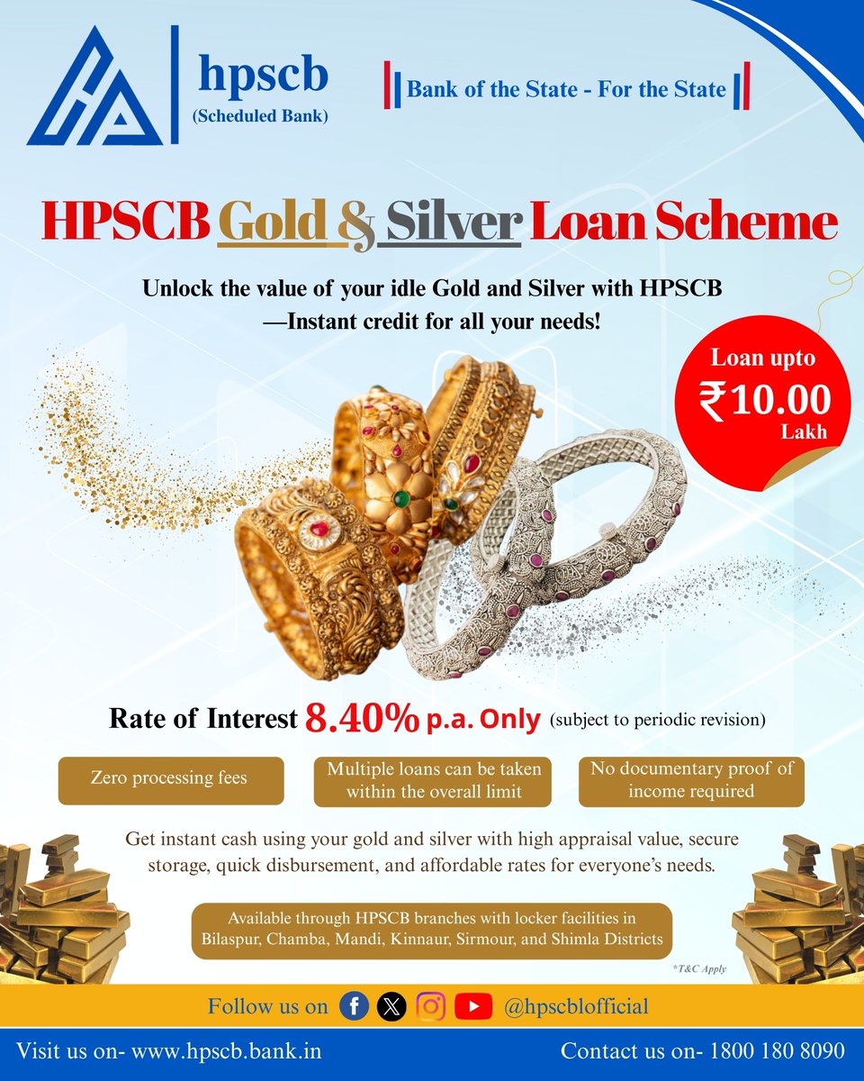 hpscblofficial's tweet photo. Why let your precious metals sit idle in a locker when they can fuel your dreams? 🌟
Get instant funds with HPSCB’s Gold &amp; Silver Loan Scheme.
-Loans starting from ₹50,000 up to ₹10 Lakh.
-No Processing Fees.
-Fast approvals.

📍 Visit our nearest branch to avail the benefit. https://t.co/p3HJrV9EEU