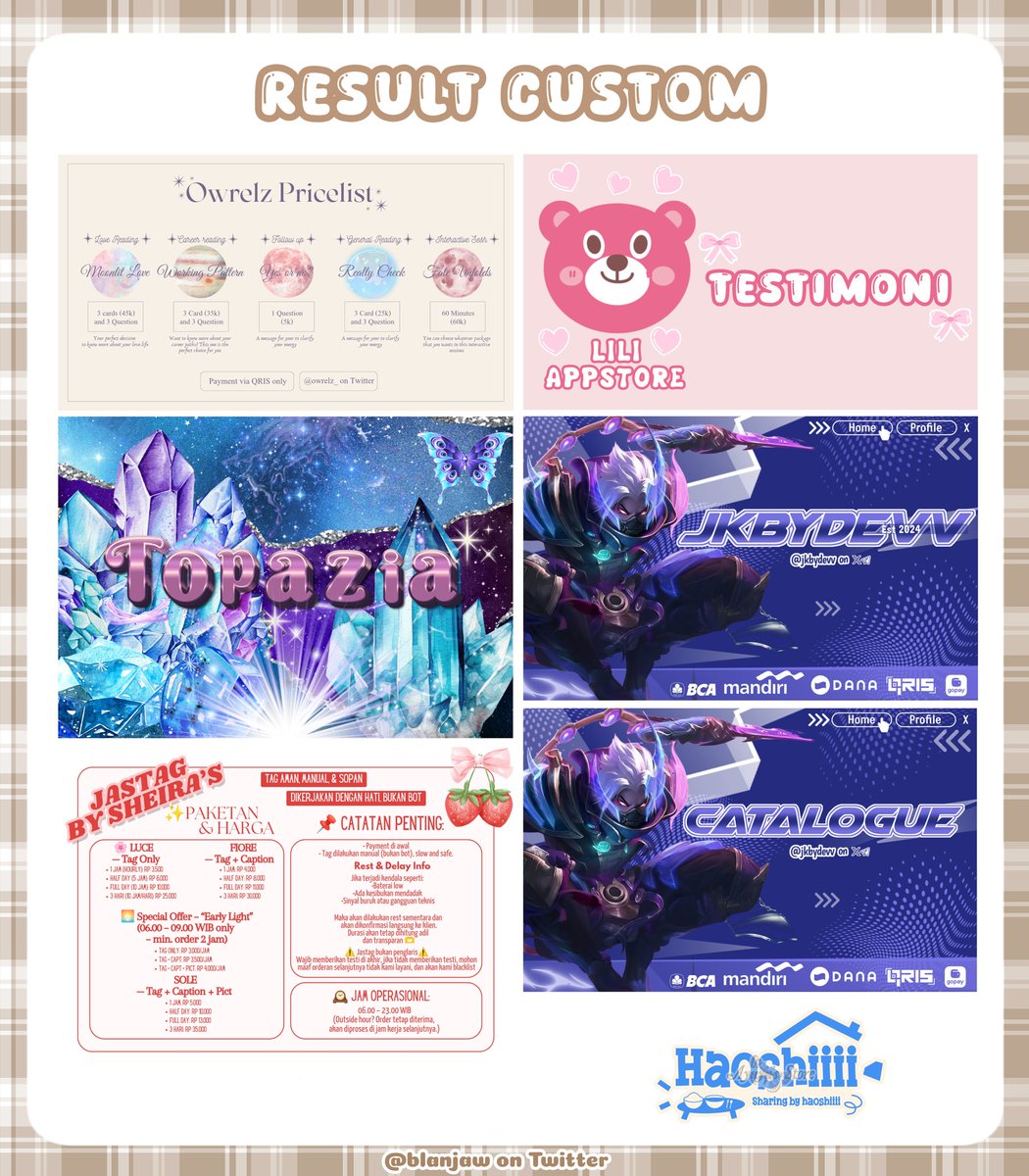 dkownload's tweet photo. Aku open custom buat edit pl/pricelist, qr/qris deco, wm/watermark, loyalty card, frame testi, header, sama editing lainnya (boleh tanya-tanya duluuu) khusus edit pl start 40k buat yang lainnya start 15k iyh b-ub >_!  Buat katalog lainnya bisa cek pinned akuu 
#zonauang 32 https://t.co/BuSolVwkd4