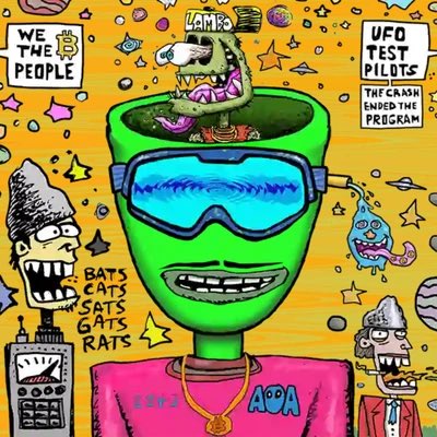 A surreal “Watcher” born from early Bitcoin chaos, blending human, machine, and myth. Covered in cryptic signals like “We the ₿ People,” it represents the minds that built BTC 👑 
A network beyond control, forever recording rebellion in the chain. ⛓️‍💥 

Join AOA 👽 🛸 🔶