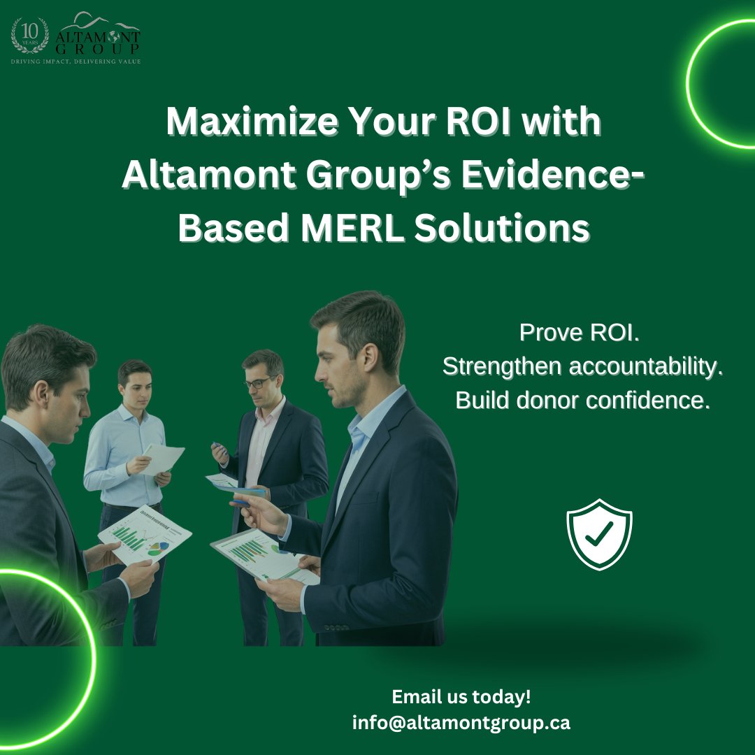 Donors today expect more than reports — they expect proof of impact.
 
Altamont Group’s MERL solutions help you:
• Link spending to real outcomes
• Demonstrate clear return on investment (ROI)
• Build trust with donors, investors, and partners
 
We help you move from