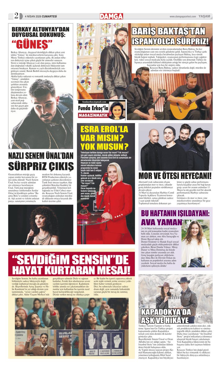 fundaerkoc's tweet photo. Bu hafta sonu @gazetedamga gazetesi Funda Erkoç'la Magazinmatik köşemde... #Barışbaktaş #sevdiğimsensin #avayaman #esraerol #morveötesi #uzakşehir #SinemÜnsal #ozanakbaba ve dahası var..

Okuma linki: https://t.co/Vw0r7hD7WN https://t.co/BZr6MWKXQC