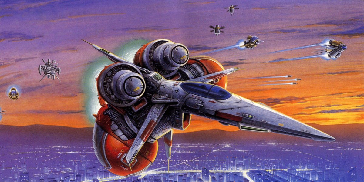 peachflavor3d's tweet photo. The artwork of #Axelay used on back of the Japanese instruction manual and the OST booklet. Removed text, applying the usual upscale/clean/retouch combo. Still a bit cropped on the left and bottom. No clue on the artist, any info let me know! https://t.co/0tFqVccVjq